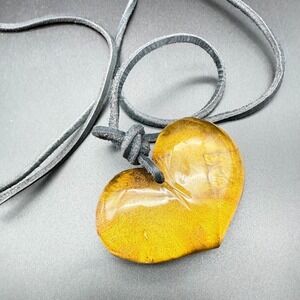 💛 Golden Heart Glass Pendant Necklace on Suede Cord – Artisan Made – Boho Charm